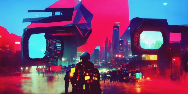 Retro futuristic abstract cityscape in pink and blue colors. Creative concept. Future city. Cyberpunk wallpaper. 3D illustration.