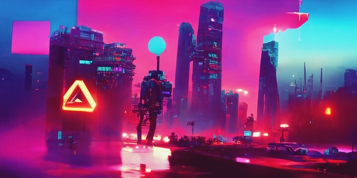 Cyberpunk Industrial Abstract Future Wallpaper. Futuristic concept. Pink Evening urban landscape. 3D illustration.