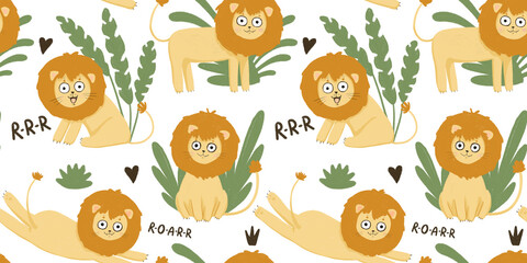 Seamless pattern with lions and jungle leaves on white background. Children's illustration. Funny animals wallpaper. Hand drawn design for fabric, wallpaper, paper for kids room, clothes