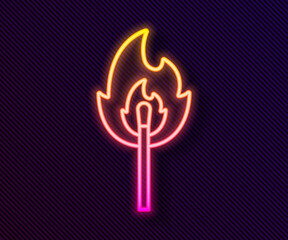 Glowing neon line Burning match with fire icon isolated on black background. Match with fire. Matches sign. Vector