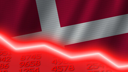 Denmark economic downturn red negative neon line light. Business and financial money market crisis concept, 3D Illustration