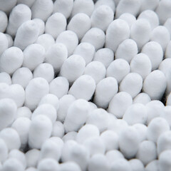 Cotton heads of cleaning hygiene sticks. Cotton swabs. Selective Focus. Close up