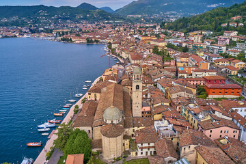 Aerial view of the town on Lake Garda. Tourist site on Lake Garda. Panoramic view of the historic part of Salò on Lake Garda Italy. Lake in the mountains of Italy.