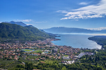 Fototapeta na wymiar Panoramic view of the historic part of Salò on Lake Garda Italy. Lake in the mountains of Italy. Aerial view of the town on Lake Garda. Tourist site on Lake Garda.