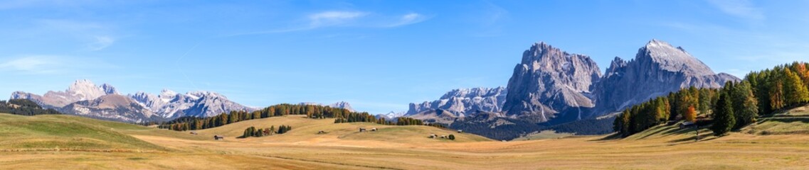 Hyper panorama of Seiser Alm mountain plateau with Langkofel Group mountains. South Tyrol, Italy...