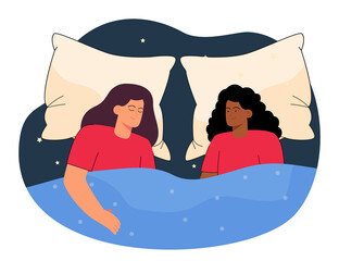 Happy couple of lesbian lovers lying in bed at night. Love and homosexual relationship between two girls flat vector illustration. LGBT, sex concept for banner, website design or landing web page