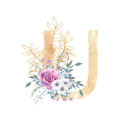 Golden letter u of the English alphabet with a bouquet of purple roses and anemones on a white isolated background. Hand-drawn watercolor illustration