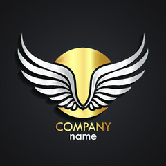 Obraz premium 3d silver wings with gold circle logo