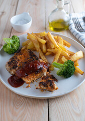 Meat with french fries. 