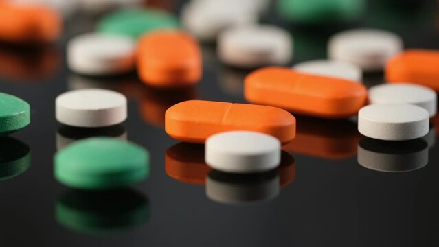 Pills rotating. Medicine, pills and tablets.Close-up View Medical Pills.
