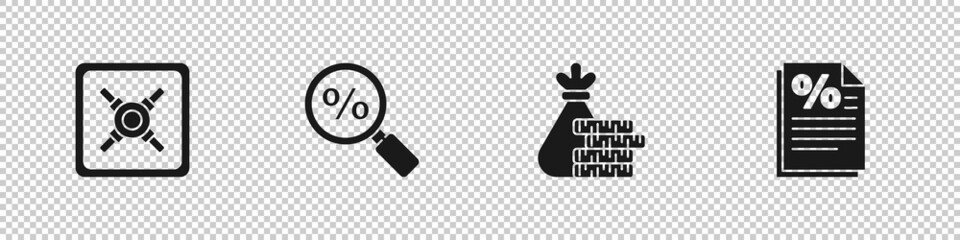 Set Safe, Magnifying glass with percent, Money bag and coin and Finance document icon. Vector
