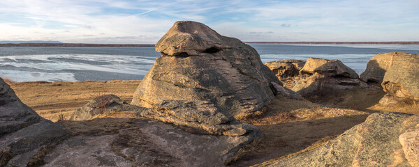 Stone remains, old sanctuary, Big Allaki lake, South Ural, Chelyabinsk region, Russia