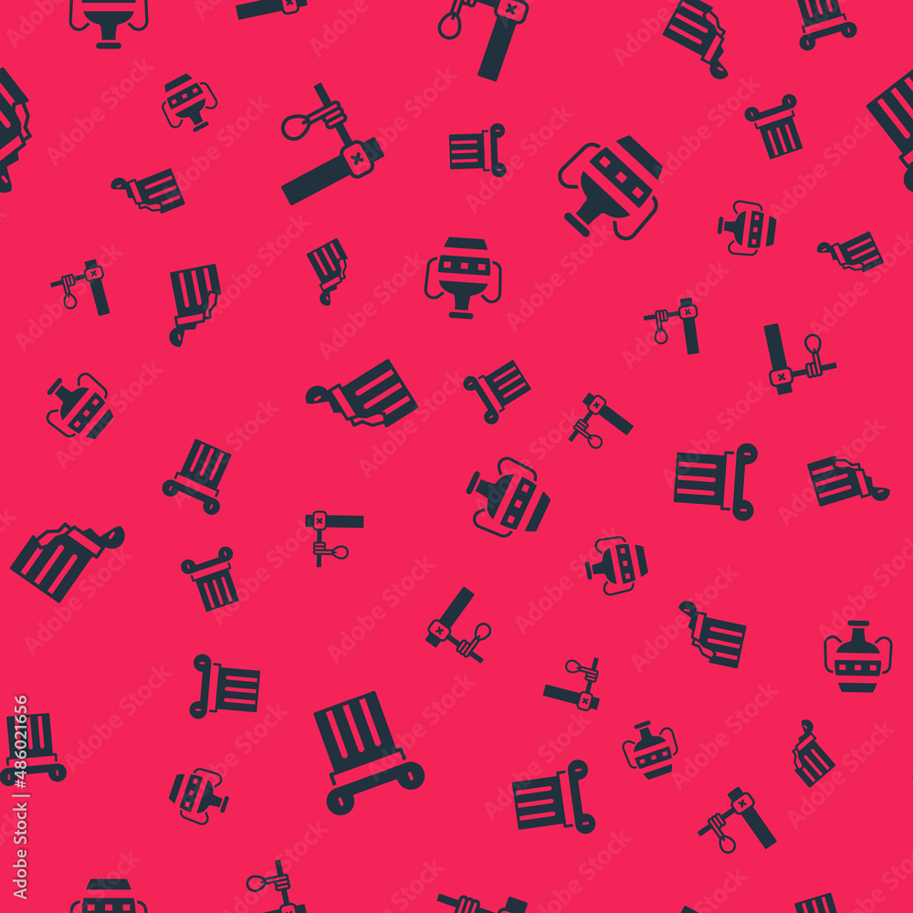 Poster set ancient column, gallows, broken ancient and amphorae on seamless pattern. vector