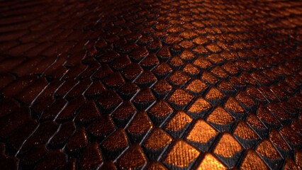 Leather texture very close up. Copper snakeskin pattern. Fashion and clothing industry, shoes, bag, belt, coat and other leather accessories. Leather Upholstery Furniture