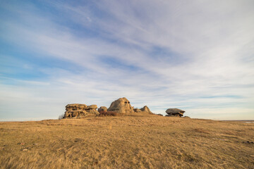 Stone remains, old sanctuary, Big Allaki lake, South Ural, Chelyabinsk region, Russia