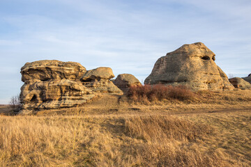 Fototapeta na wymiar Stone remains, old sanctuary, Big Allaki lake, South Ural, Chelyabinsk region, Russia