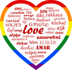 Love heart vector with calligraphic words in all languages for Happy Valentine lgbt in all the world isolated on white background - 486022080