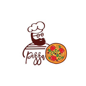 Chief cook in cap symbol or logo for pizzeria, restaurant.  Food concept, hand drawn elements. Vector.