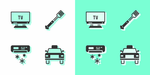 Set Taxi car, Smart Tv, Air conditioner and Fork icon. Vector