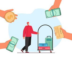 Hands of tourists giving money to bellboy in hotel uniform. Man pushing trolley with luggage flat vector illustration. Hospitality, service concept for banner, website design or landing web page