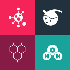 Set pop art Chemical formula for H2O, , Test tube and flask and Molecule icon. Vector