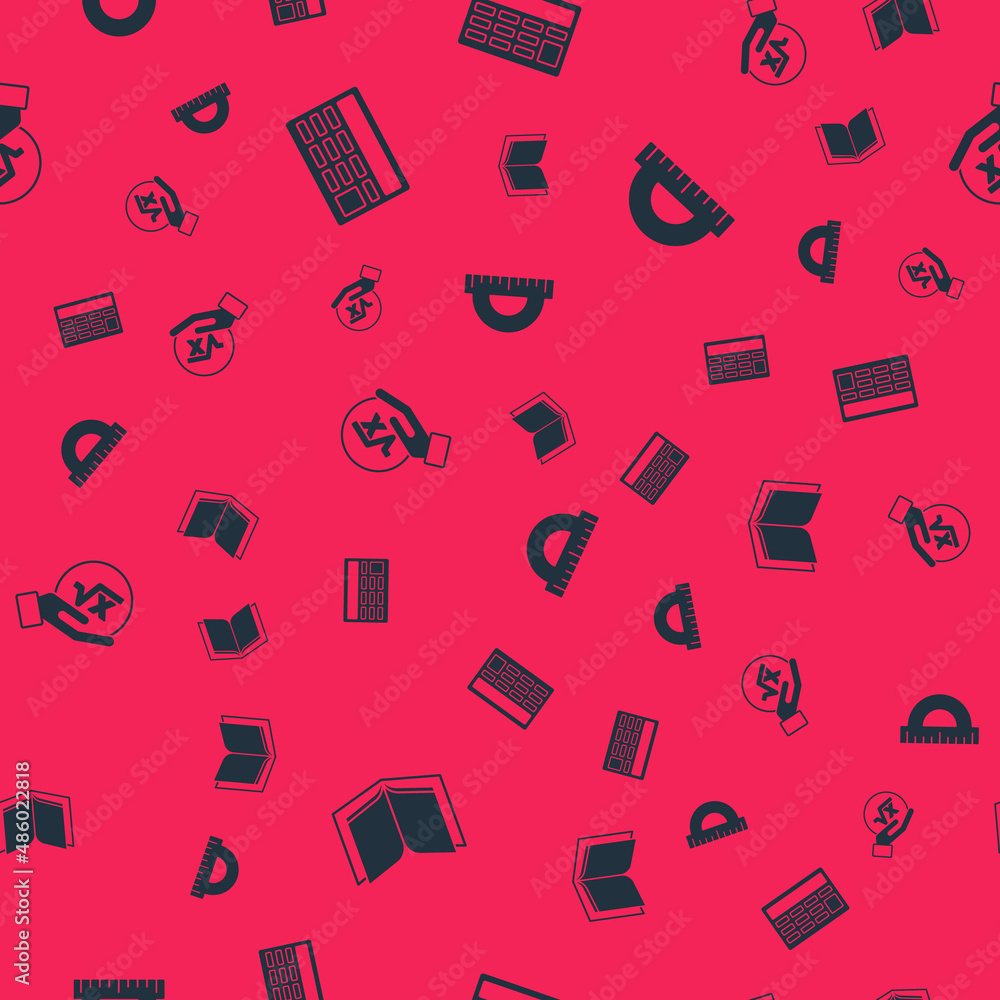 Poster set open book, calculator, square root of x glyph and protractor on seamless pattern. vector