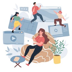 Vector cartoon flat characters,online apps elements and screens floats around woman in bag chair,girl using laptop-online work and social media communication concept,web site banner ad design