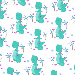 Seamless cartoon pattern with dinosaurs and palm trees Vector illustration for kids