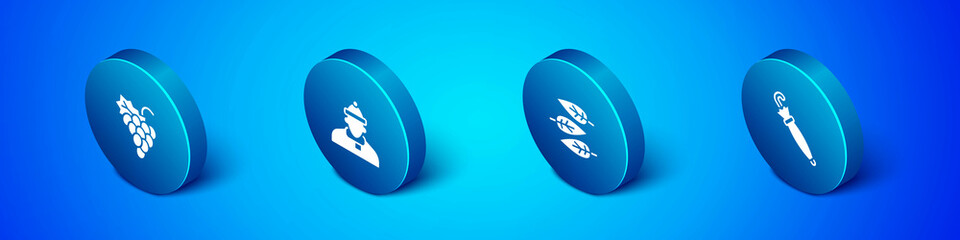 Set Isometric Grape fruit, Leaf or leaves, Umbrella and Autumn clothes icon. Vector