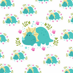 Seamless cartoon pattern with dinosaurs Triceratops