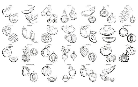 A set of flat icons of fruits and vegetables drawn with black lines.