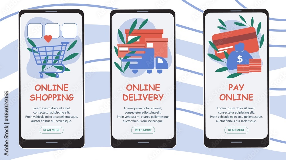 Wall mural set of vector flat cartoon delivery service concept elements on smartphone online app screens-mobile