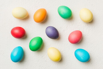 holiday preparation Multi colors Easter eggs on colored background . Pastel color Easter eggs. holiday concept with copy space