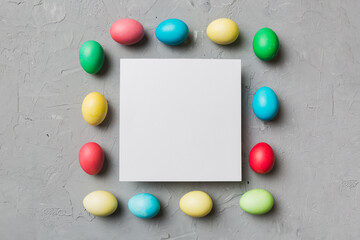 round frame multicolored Easter eggs with white blank paper on a brown background, close-up, space for text, blank for design, selective focus, tinted image