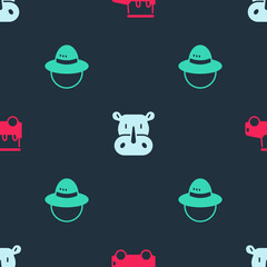 Set Safari car, Rhinoceros and Camping hat on seamless pattern. Vector