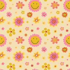 Hippy flower seamless pattern. Hippie style blossoms, retro vintage background, 60s and 70s abstract, bright colors childish cute decor. Decor textile, wrapping paper wallpaper, vector print