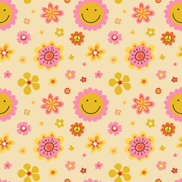 Hippy flower seamless pattern. Hippie style blossoms, retro vintage background, 60s and 70s abstract, bright colors childish cute decor. Decor textile, wrapping paper wallpaper, vector print