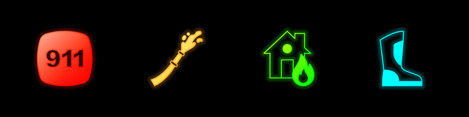 Set Emergency call 911, Fire hose reel, in burning house and boots icon. Vector