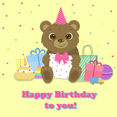 Obraz premium Birthday card. Cute bear with prezent and toys. Vector.