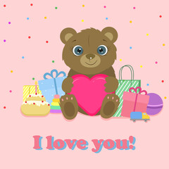 Birthday card. Cute bear with prezent and toys. Vector.