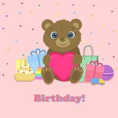 Birthday card. Cute bear with prezent and toys. Vector.