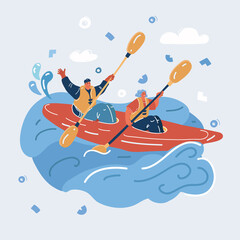 Vector illustration of woman and man kayaker kayaking, riding and paddling boat canoe in waves. Extreme outdoor watersport activity