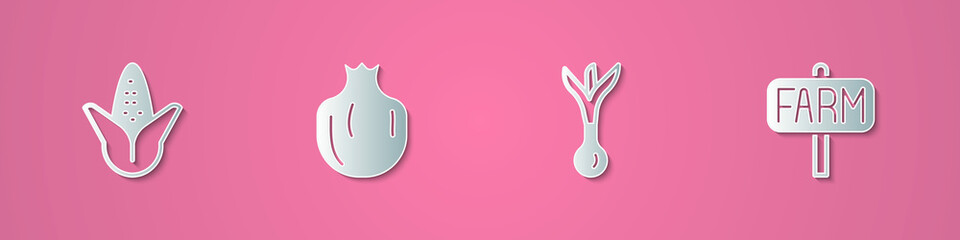 Set paper cut Corn, Pomegranate, Onion and Location farm icon. Paper art style. Vector