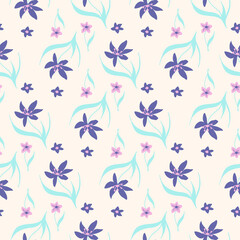 Very peri flower pattern. Flowers in very peri and pink color. Summer seamless background. Hand drawn natural fabric design.