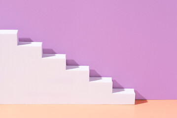 Mockup, background with stairs. Architectural element with bright sunlight and trendy shadows for graphic design, minimalism. Trend of colors 2022:  very peri purple and calming coral
