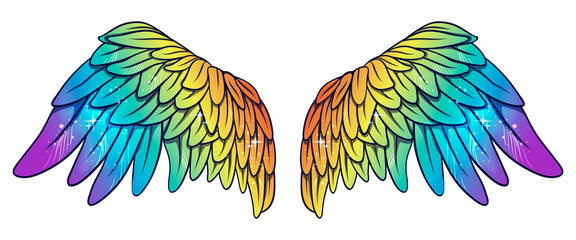 Beautiful magic bright glittery rainbow gradient angel wings, color vector illustration