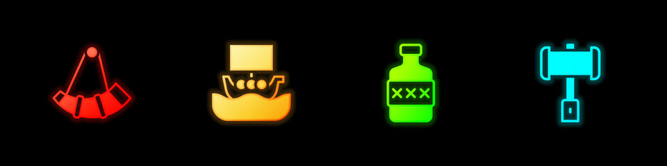 Set Hunting horn, Viking ship Drakkar, Whiskey bottle and Battle hammer icon. Vector