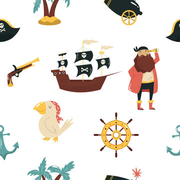 Vector seamless pattern with captain, parrot, pirates symbol ship with Jolly Rodger, weapon, hat