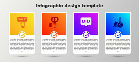 Set Price tag with Sale, Hand holding auction paddle, Bid and Auction painting. Business infographic template. Vector