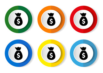 Icon of money bag with a dollar sign, vector illustration in 6 colors options for webdesign and mobile applications